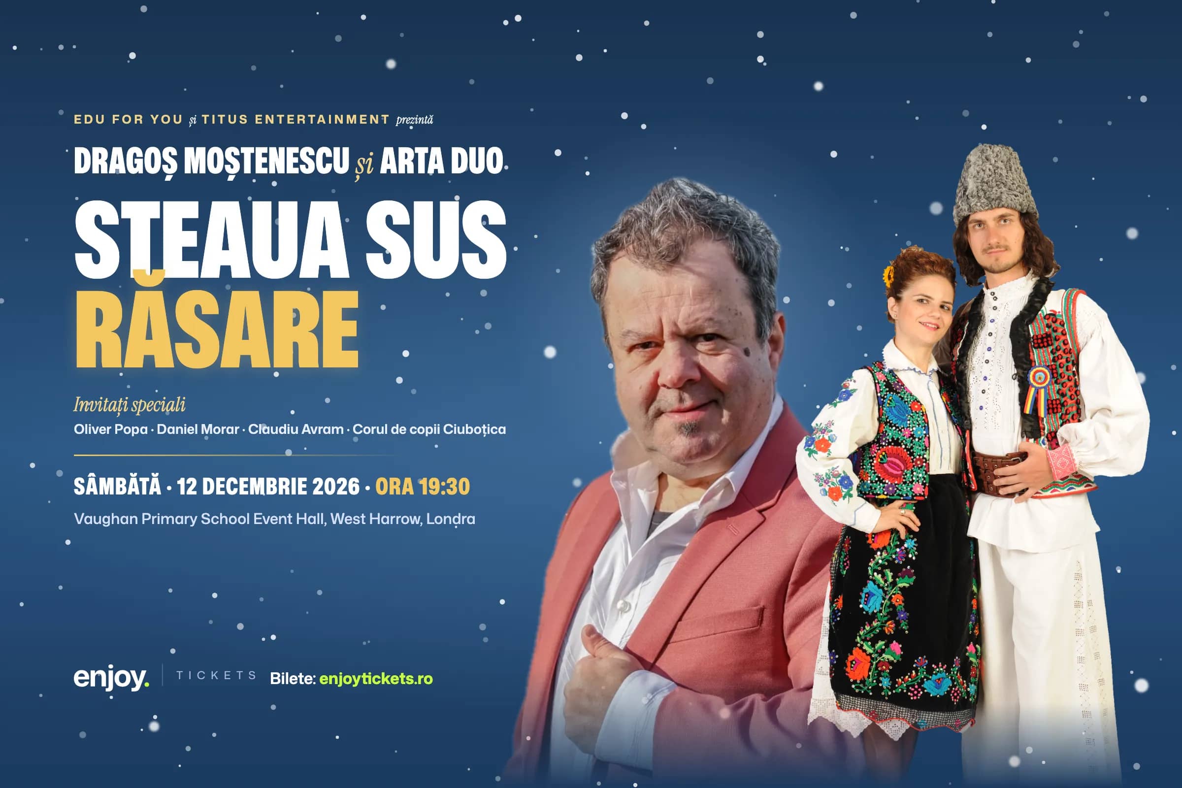 Steaua sus răsare poster: Dragoș Moștenescu and ARTA DUO in Romanian folk costume, Saturday 12 December 2026, Vaughan Primary School Event Hall, West Harrow